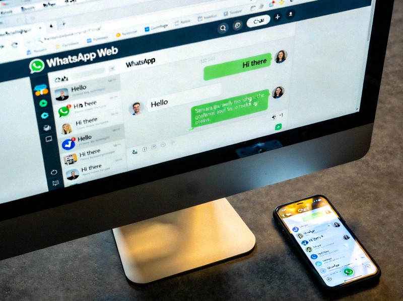 电脑屏幕上显示WhatsApp网页版聊天界面，旁边放着一部已登录WhatsApp的手机